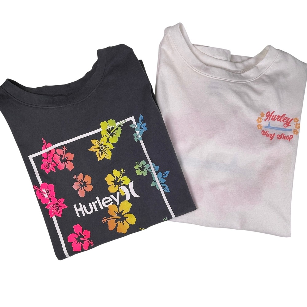 Hurley Girls T Shirt Bundle L 14/16 Floral Surf Shop Graphic Tees 2pc